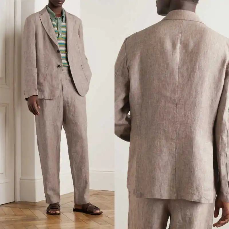 Casual Linen Men Suits Single Breasted Notched Lapel Pant Sets Fashion Business Wedding Party Male 2 Pieces Customized