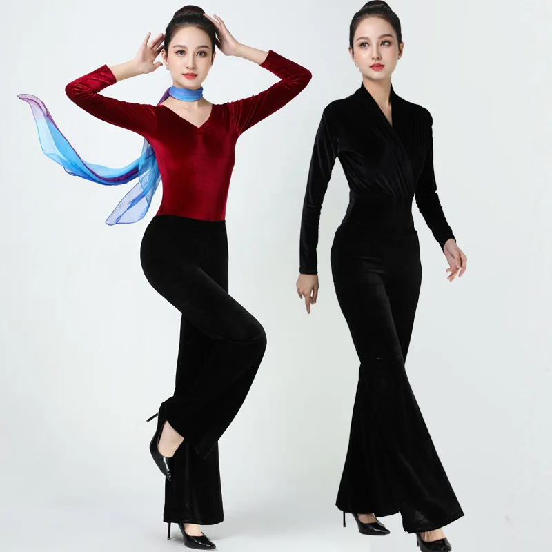 2023 Adult Women Latin Dance Top And Pants Dancing Practice Costume Ballroom Golden Velvet Winter Female Dancewear