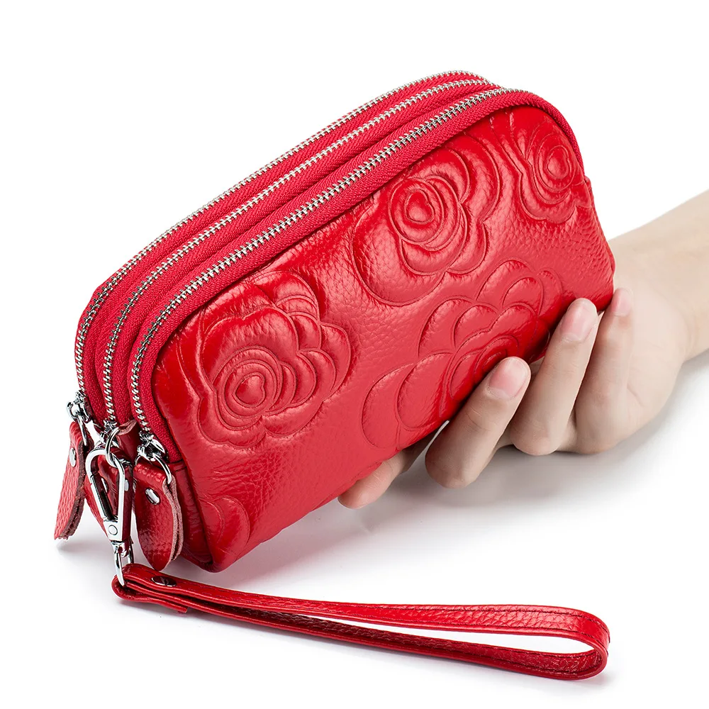 Genuine LEATHER Coin Wallet Triple Zip Women Zipper Pouch Keychain Floral Clutch Bag Cell Phone Bag Luxury Clutch Bag