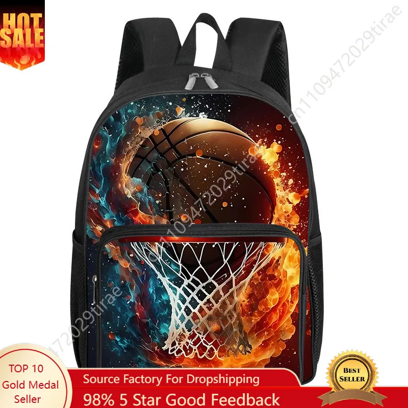 Basketball Pattern Square Front Pocket Backpack for Boy and Girls Best Gifts 2D Flat Cartoon SchoolBags for Children