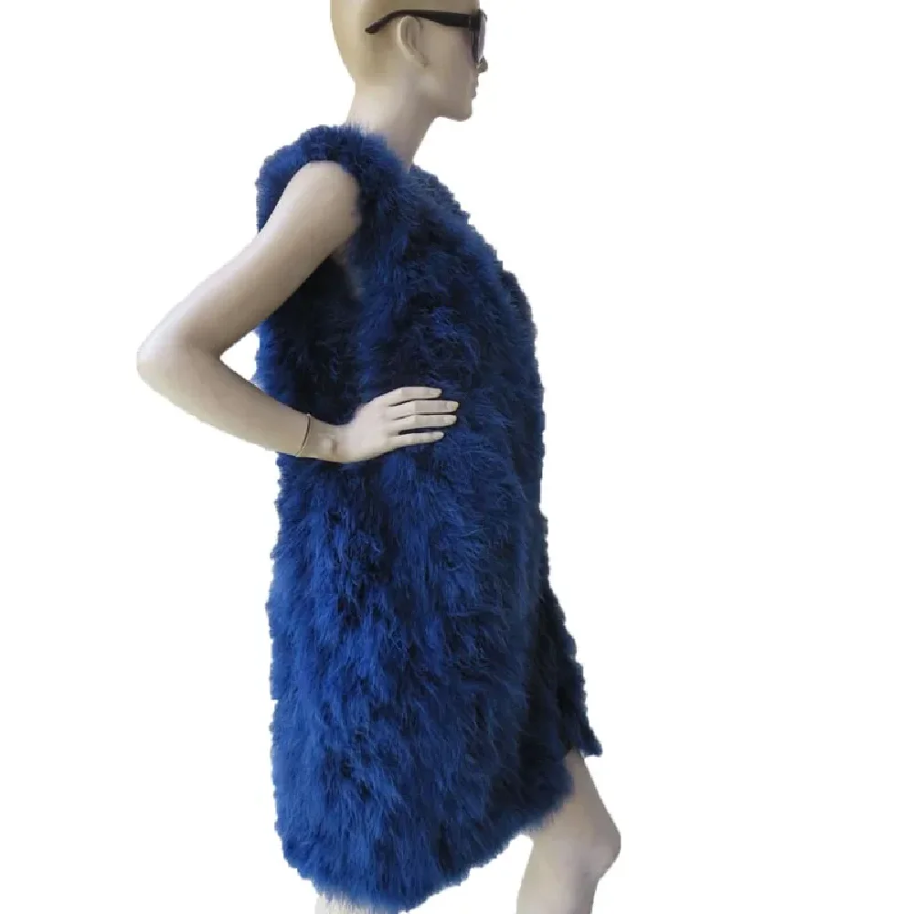 Women's Real Ostrich Feather Fur long Vest Winter Warm Waistcoat Fashion Royal Blue