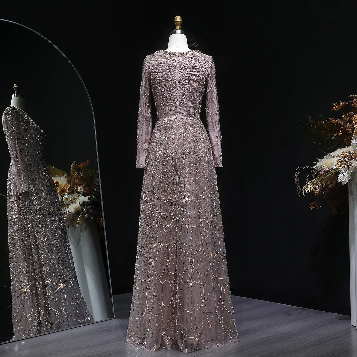 Sharon Said Luxuriöses Dubai-Abendkleid mit grünen Perlen und langen Ärmeln, Saudi-Arabisches Damen-Hochzeitskleid, formelle Partykleider SS625, maßgeschneidert – Detail 26