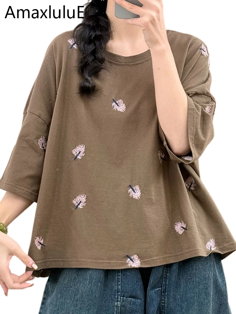 

Футболки Amax LuluE в корейском стиле, свободного кроя, с принтом, модные элегантные топы с круглым вырезом для женщин, классическая винтажная повседневная роскошная одежда