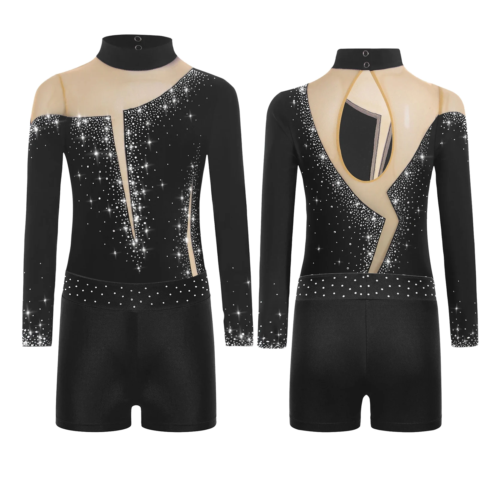 

Kids Girls Yoga Set Rhinestones Leotard Sheer Rhythmic Gymnastics Bodysuit with Shorts for Figure Skating Dance Tumbling Outfits