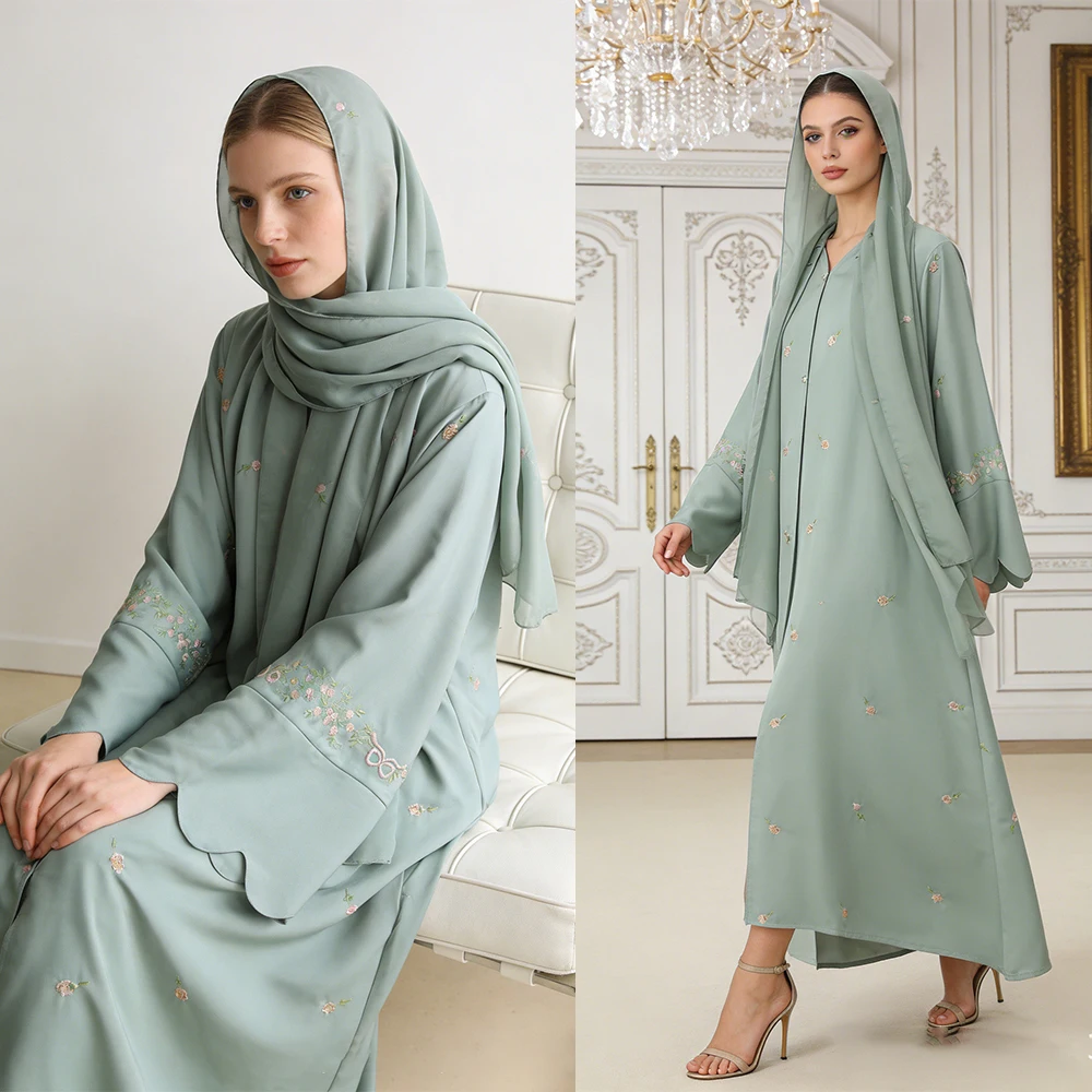 

2026 Women's Dresses Embroidery Luxury Abaya Dubai Womens Jalabiya Front Open Abaya and Hijab 2 Piece Set Islamic Clothing