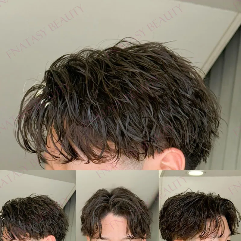 

Тёмно-коричневый европейский парик из 100% натуральных человеческих волос, сверхпрочный, для мужчин, с естественной линией роста волос, основа из ПУ 0,12 мм, система мужского тупе