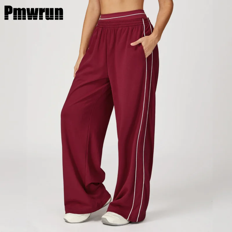 

PMWRUN Спортивные штаны с высокой талией и широкими штанинами, контрастные полоски, боковые карманы, эластичная резинка на талии, мягкие дышащие штаны для тренировок, гостиной, йоги