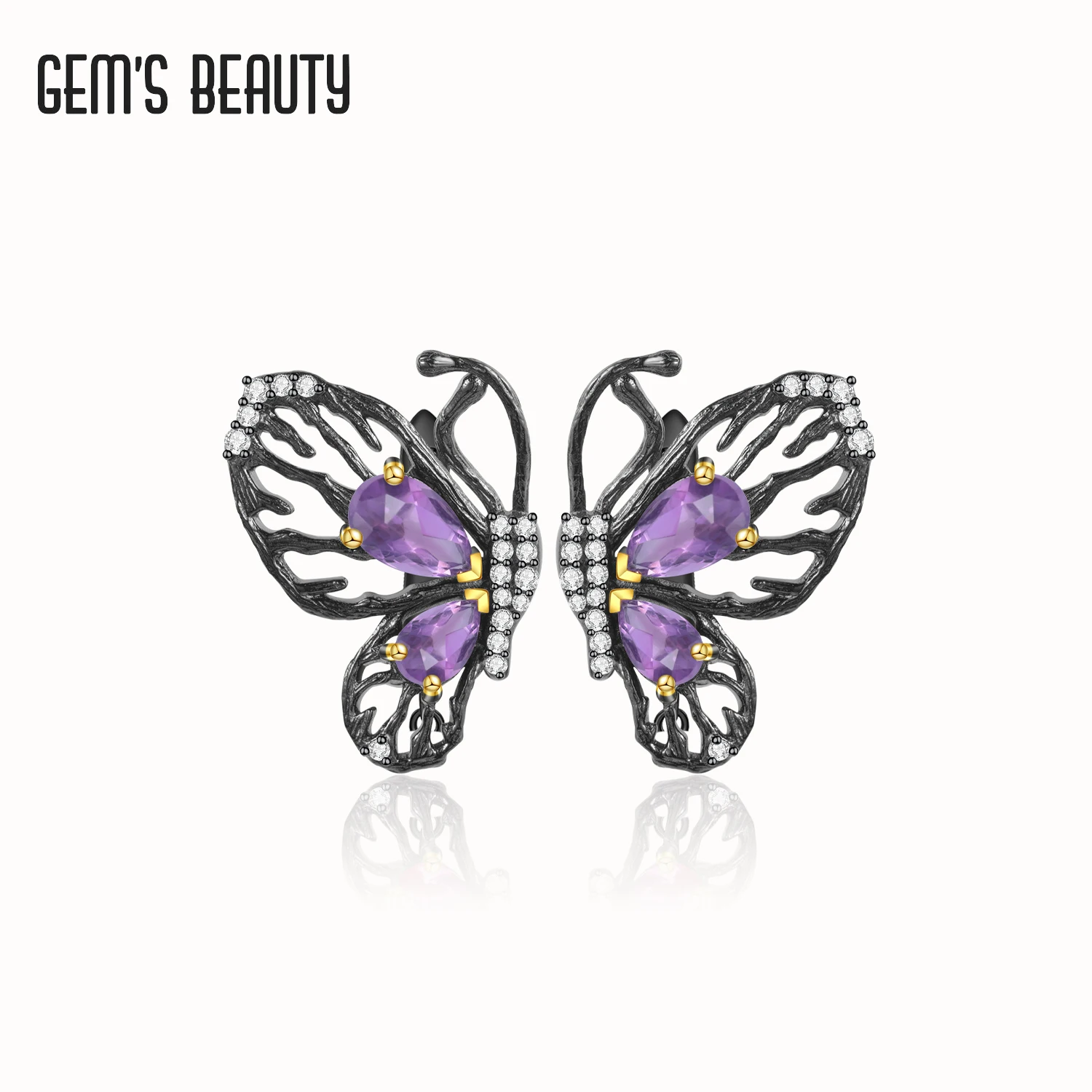 

GEM'S BEAUTY 925 Sterling Silver Stud Earrings For Women Natural Pear Cut Amethyst Handmade Butterfly Earrings Anniversary Gift