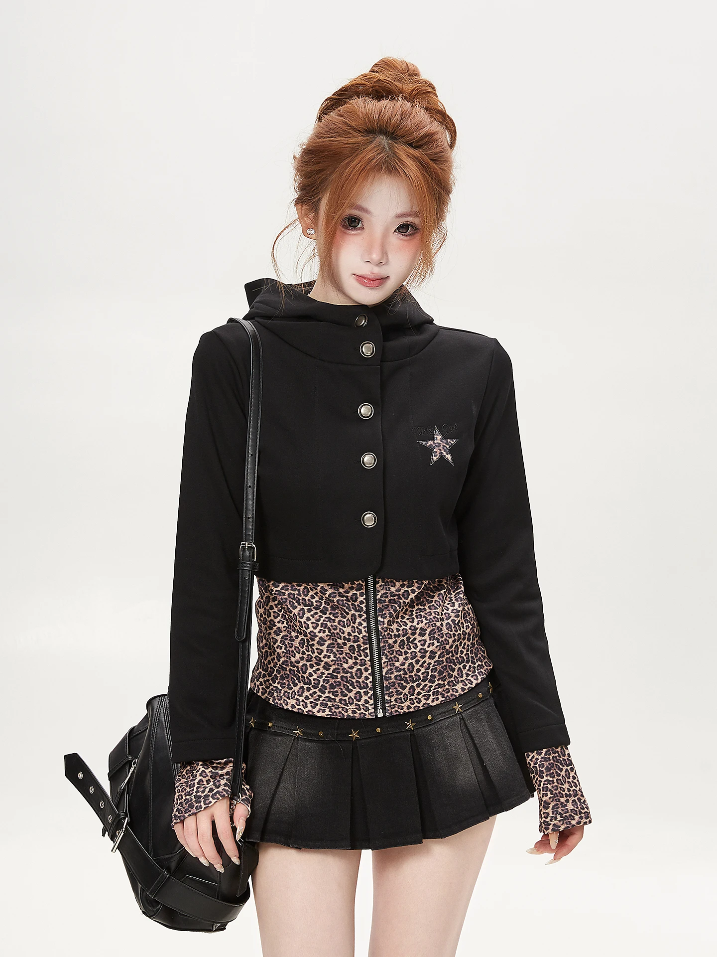 Slim Fit Leopard Print Hoodie Women's Embroidered Waist Cinched Jacket Short American Style Warmth Casual Polyester Cotton Blend