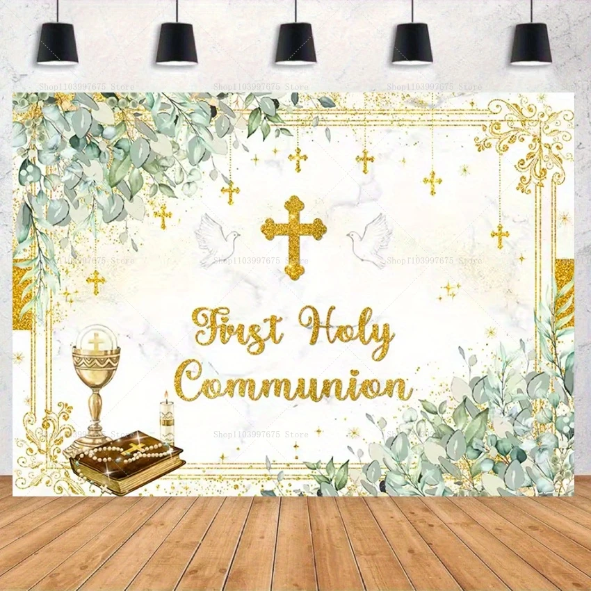 Fondo de fotografía de primera comunión para niño y niña, decoración, cruz dorada, Grial, Dios, bendición, bautizo, Baby Shower, foto de fondo
