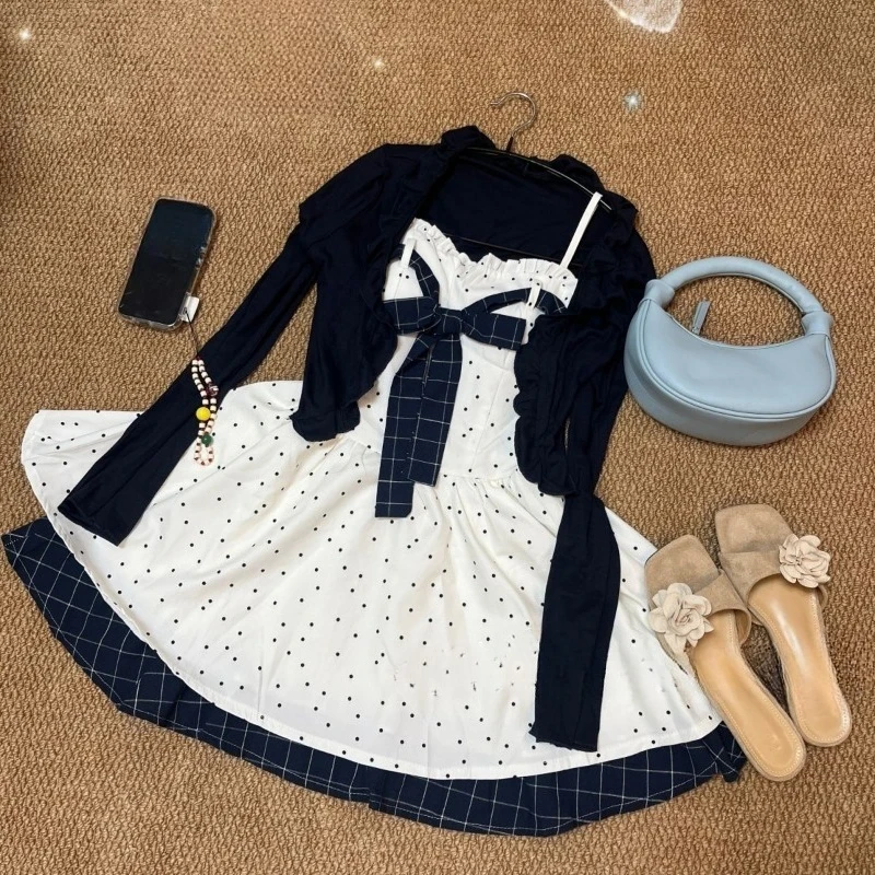 Conjunto de 2 piezas de vestido mini y cárdigan coreano azul marino con lunares blancos, lazo y mangas con volantes para mujer y niña, uso diario informal
