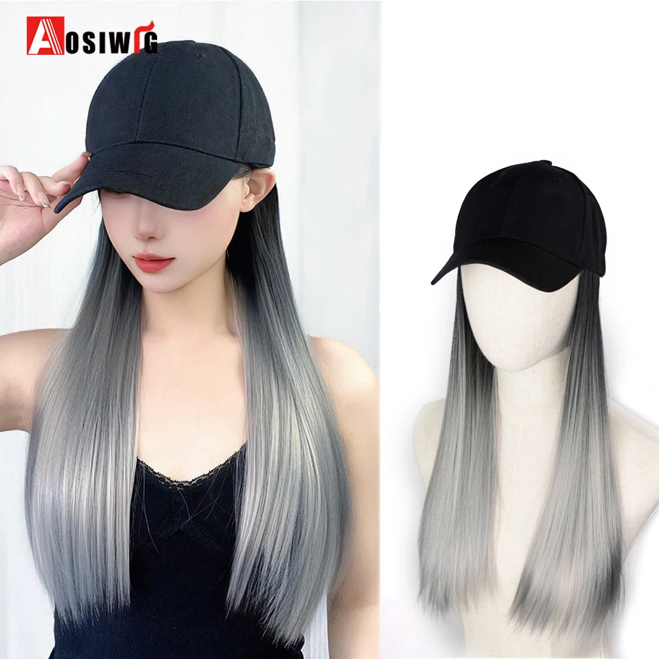 Synthetic18inch Black Baseball Hat  Long Straight Black Gradient White Tea Gray Fashion Hair Wig Heat Resistant Natural For Dail