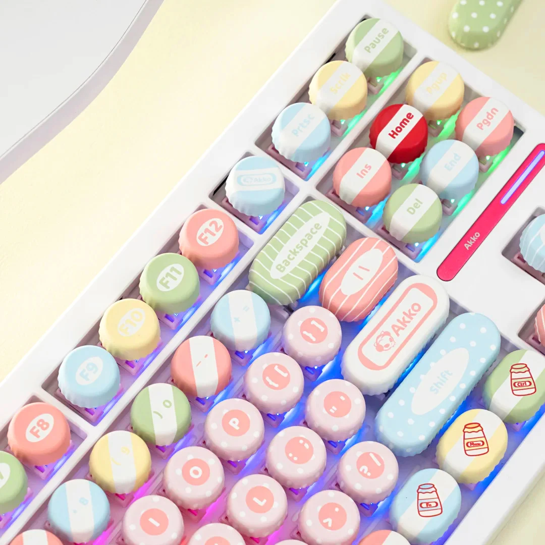 

PBT Round Milk Cap Keycap Set Pink Green Macaron Color Bottle Milk Cute Keycaps for Mechanical Gaming Keyboard Girls Gifts
