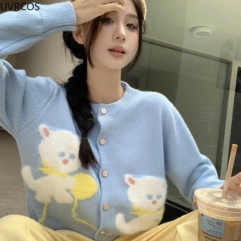 Japanese Sweet Lolita Style Knitted Cardigan Women Cute Cartoon Cat Print Sweater Girls Y2k Aesthetic Loose Casual Knitwear Tops