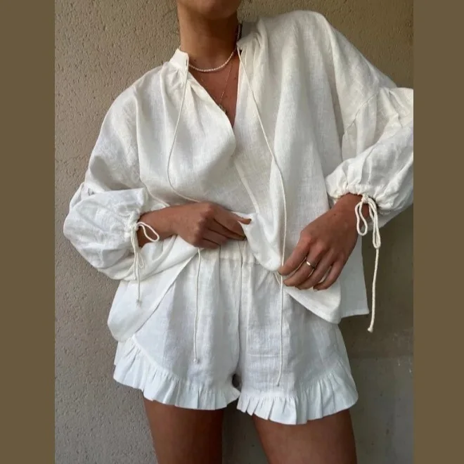 

White V-neck Long Sleeve Lace Up Blouse Sets Women Lace Up Shirt Elastic Waist Shorts Suit Summer Casual Vacation Outfits