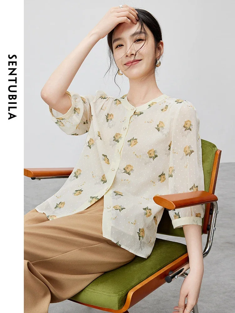 SENTUBILA Print Jacquard Shirt for Women 2024 Summer Chiffon O Neck Three Quarter Lanter Sleeve Comfort Wome Blouse 142V55496