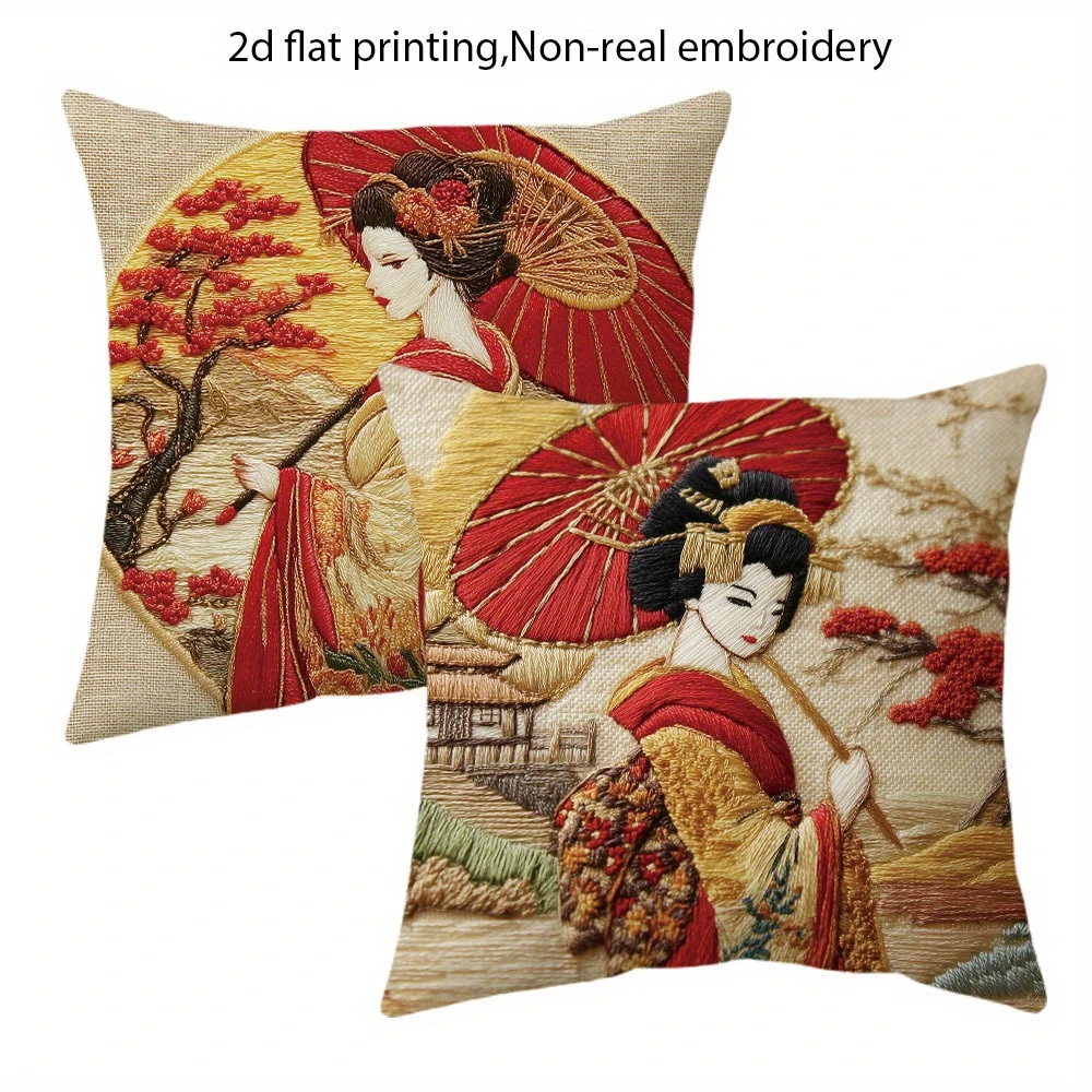 2pcs Vintage Japanese Geisha Throw Pillow Covers Retro Ukiyo-e Style Cushion Cases for Home Sofa Decor