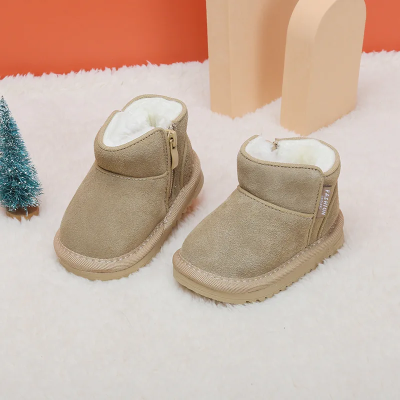 2023 New Winter Baby Snow Boots Leather Warm Plush Infant Shoes Zip Side Soft Sole Fashion Toddler Boys Girls Boots 15-25