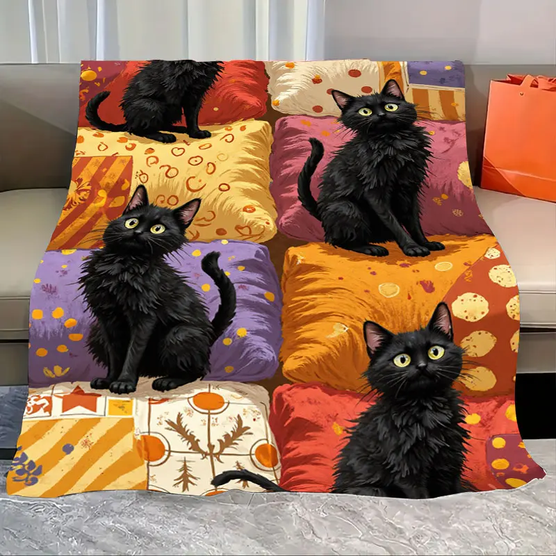 

1pc Flannel Blanket "Cozy Black Cat Patchwork Blanket - Retro Style for Home Decor"