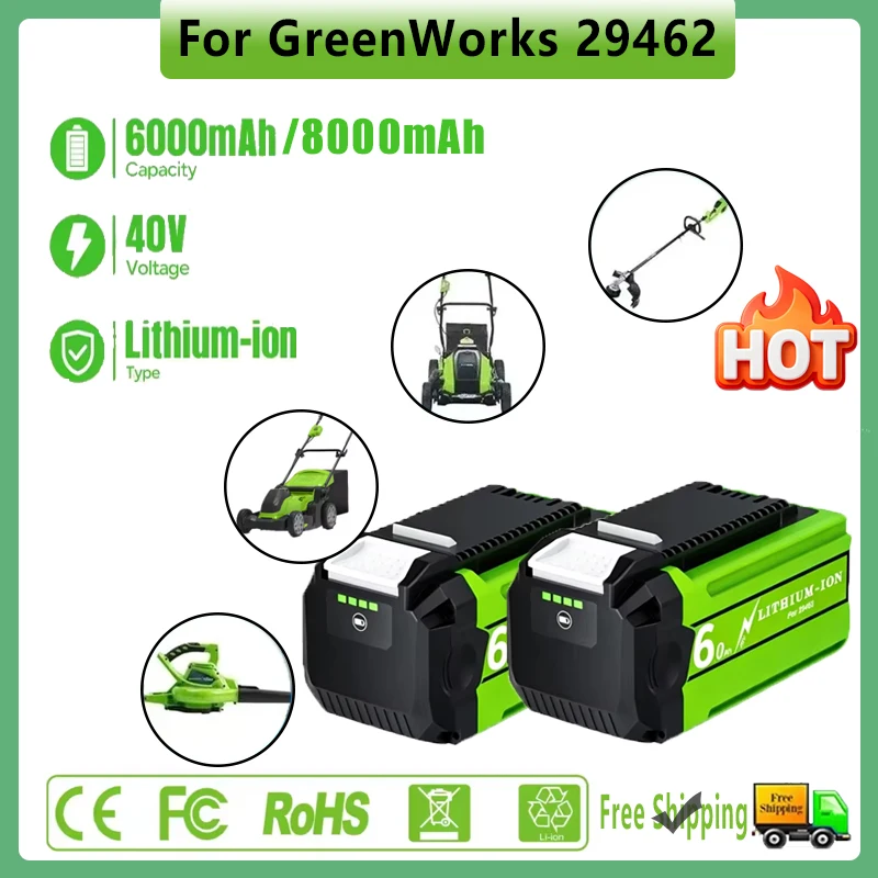 40V 6000mAh 8000mAh für GreenWorks 29462 Wiederaufladbare Batterie 29472 29282 Ersatz-Akku für Rasenmäher und Elektrowerkzeuge
