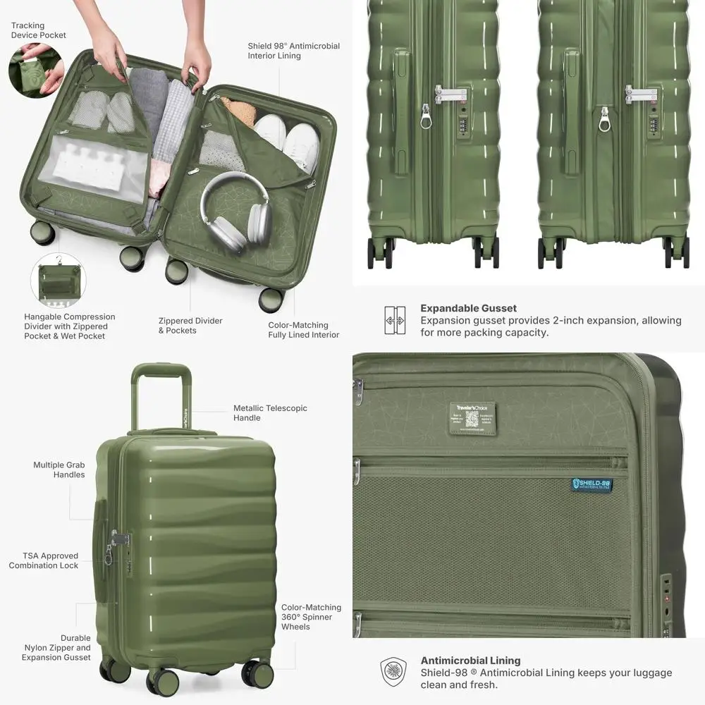 Edinburgh II 21 Green Hardshell Spinner Luggage with TSA Lock for Carry-On