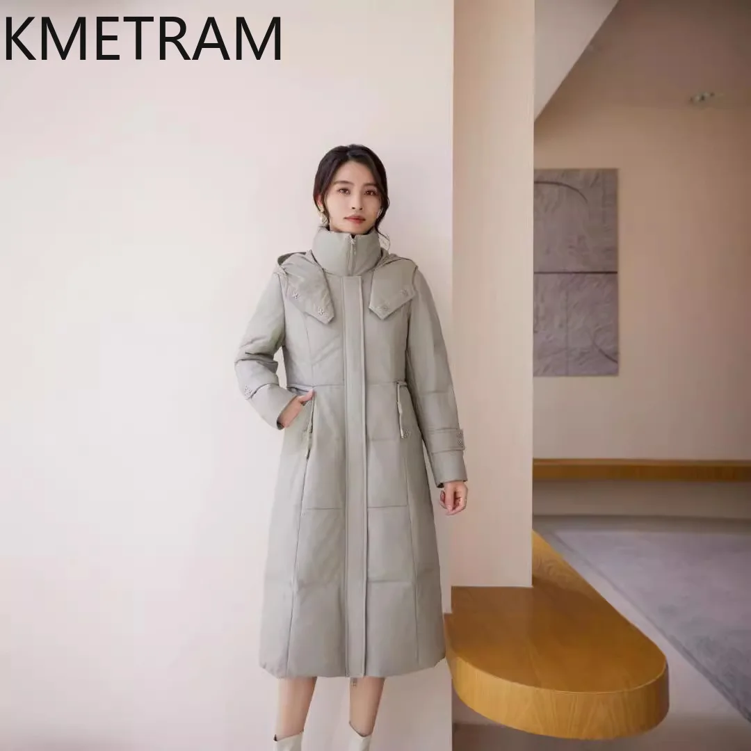 Pufferjacke aus 100 % Schaffell für Damen, hochwertiges echtes Leder, lange Daunenmäntel mit Kapuze, 2025, Winterkleidung für Damen