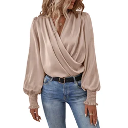 Autumn Pleated Lantern Long Sleeve Blouse Female Elegant Solid Color Crossover V Neck Pullover Shirt Women New Casual Loose Tops