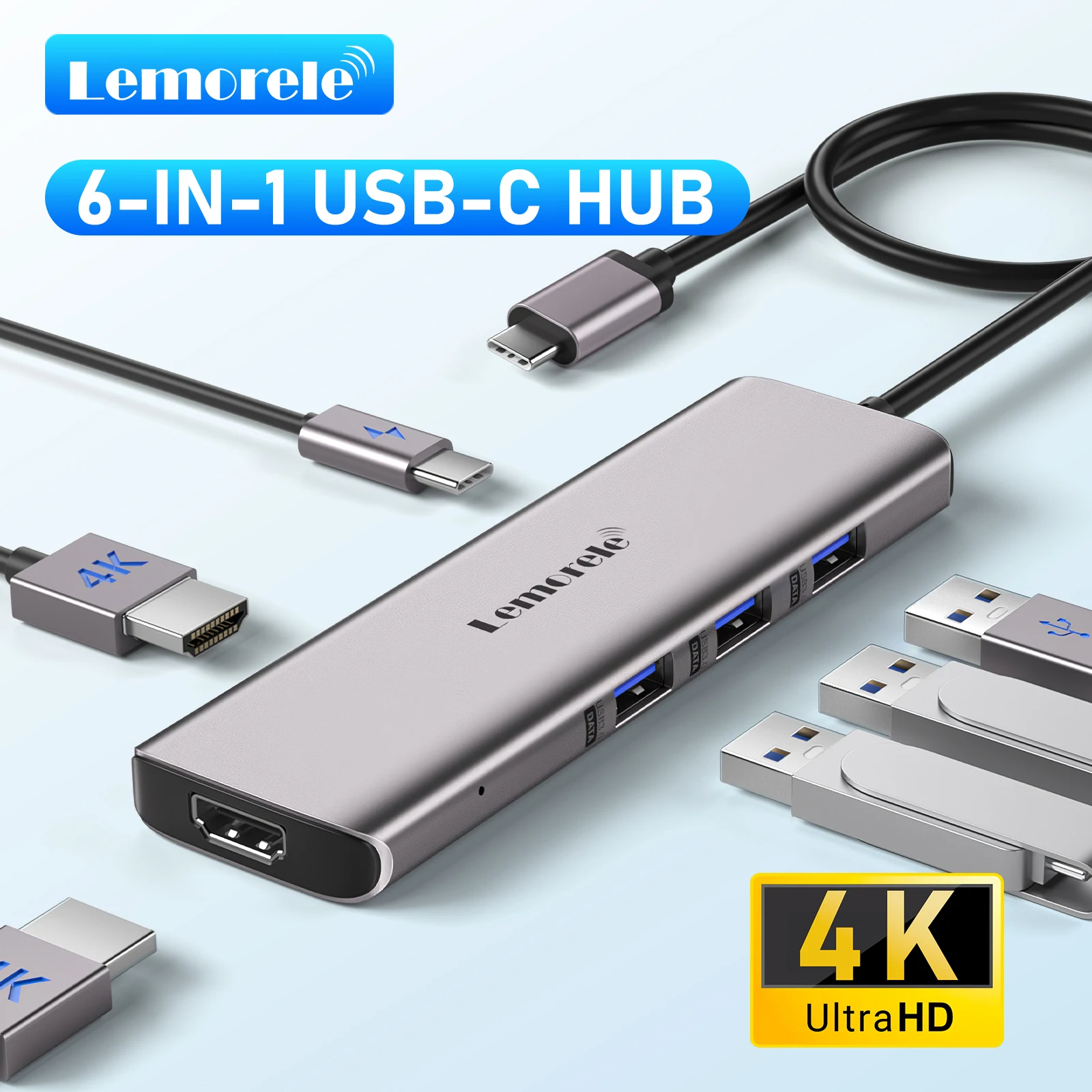 

Lemorele TC73-PLUS USB-концентратор 3.0 6-в-1 портов Тип C на 4K HDMI USB C-адаптер Док-станция для Windows MacOS labtop Lenovo