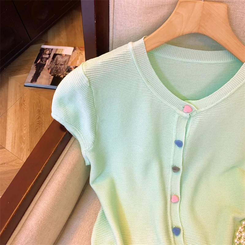 سترة محبوكة صيفية لعام 2025 تي شيرت نسائي بأكمام قصيرة ورقبة دائرية ملابس تريكو متينة أنيقة وأنيقة للسيدات #2