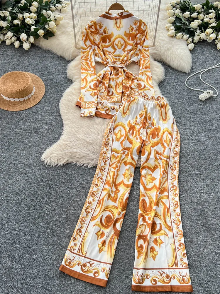 

Retro Fashion Printed Suit with Women's Tie Up Waist Suit Collar Long Sleeved Top High Waisted Casual Pants