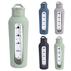 700ML Borosilicate Glass Water Bottle with Time Marker Reminder Quotes WIth Silicone Sleeve Pop Up Straw EasyTo Carry Sport Gym