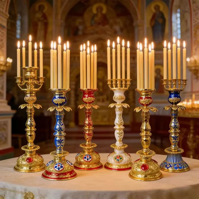 Gold-Blau Beschichteter Orthodoxer Kirchenkerzenhalter mit Emaille-Mustern für Mehrere Kerzen Kirchliche Liturgie Andacht Christliches Geschenk