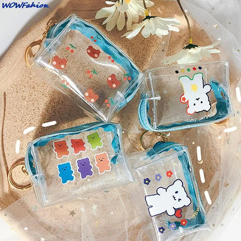 Cartoon Bears Transparent Girls Coin Purse Children PVC Zipper Change Purse Women Mini Lipstick Wallet Flamingos Key Card Bag