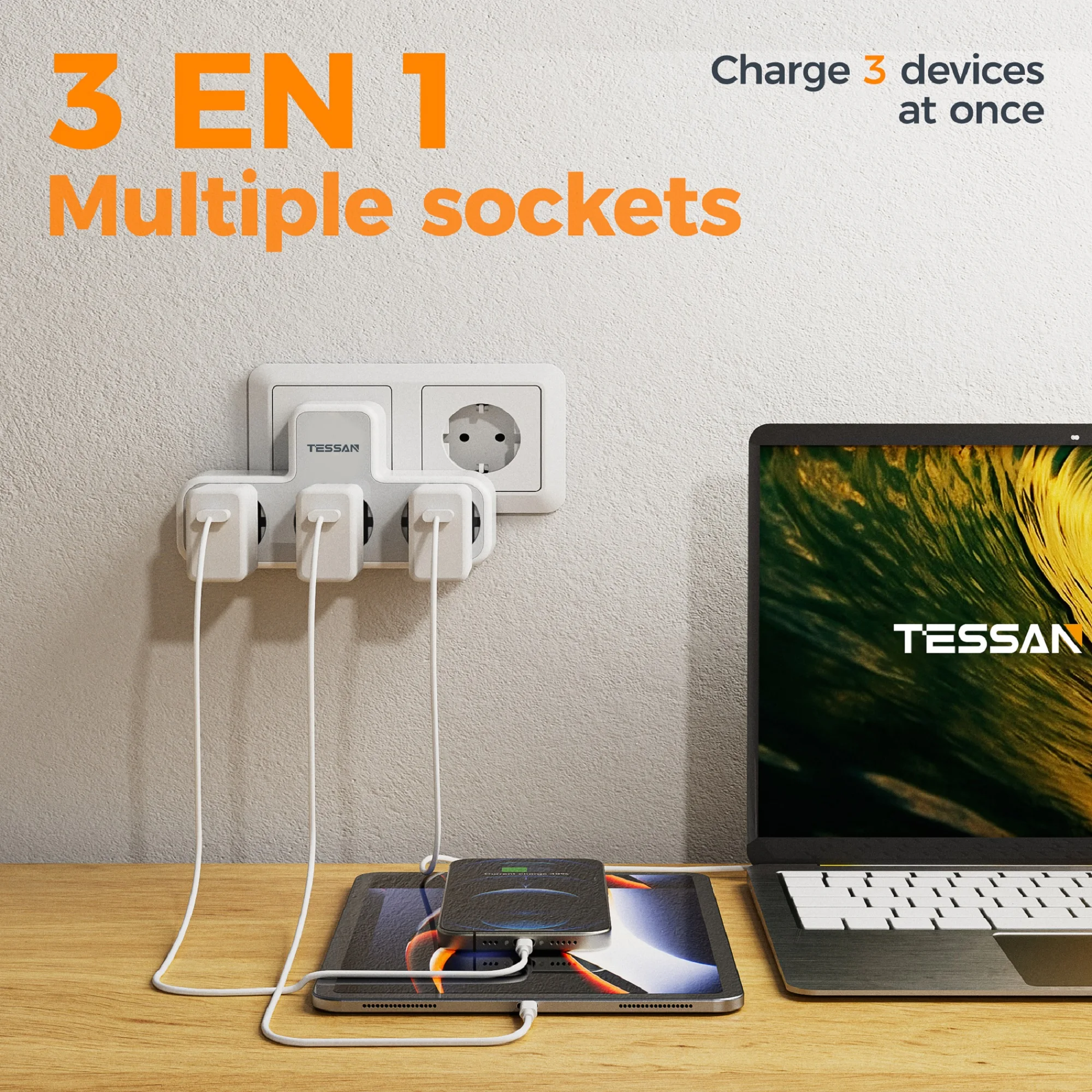 Adaptador de enchufe múltiple TESSAN con 3 salidas, extensor de enchufe europeo de 3600W con protección contra sobrecarga para el hogar y la Oficina