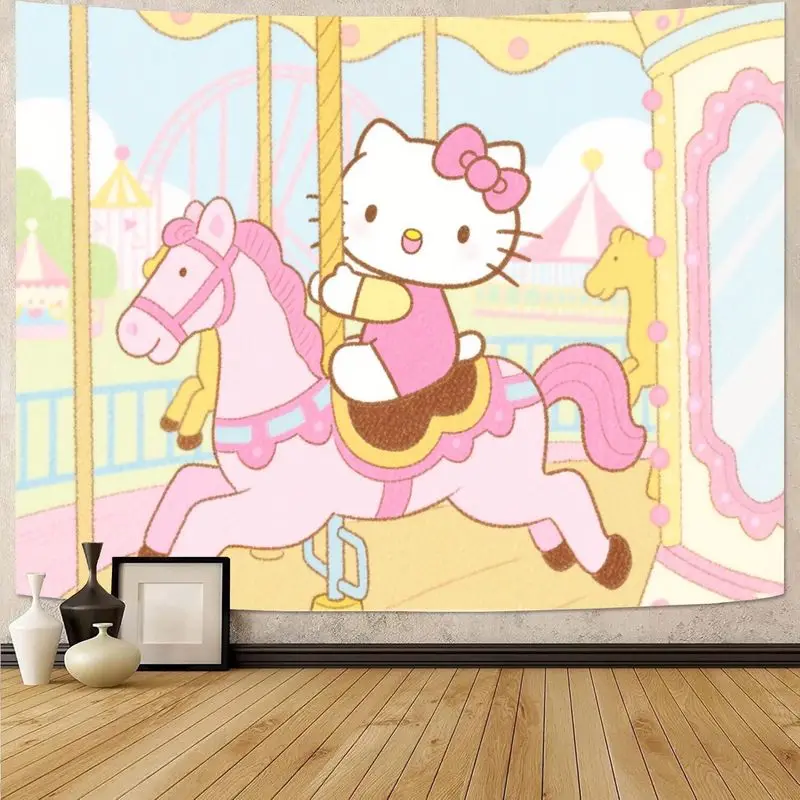 

1 шт. Sanrio Hello Kitty розовый карусель-гобелен с лошадью, кавайный полиэстеровый настенный художественный декор для девочек, спальни, гостиной, милый вентилятор Gif