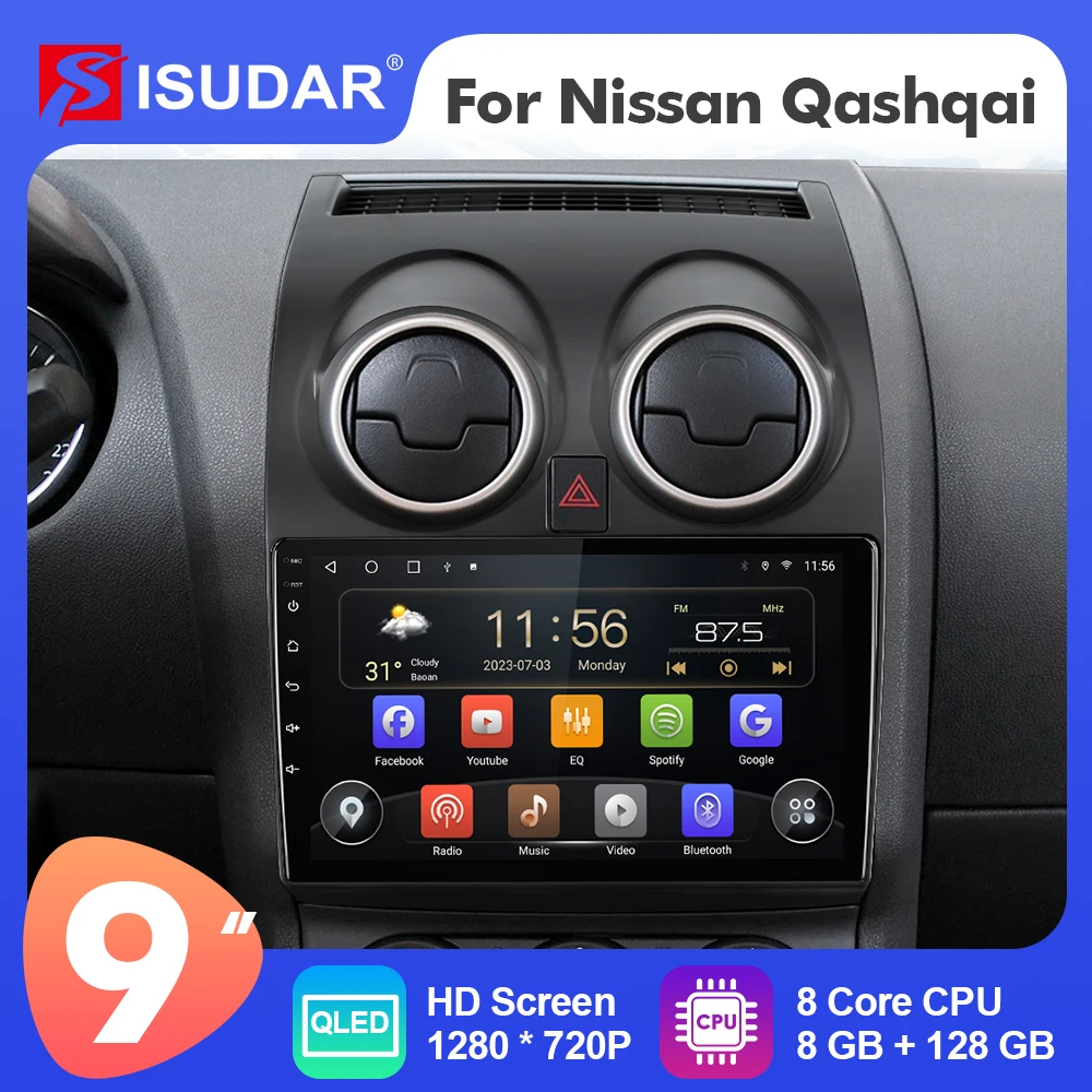 

9 inch Isudar Android 12 Car Radio For Nissan Qaashqai 1 J10 2006-2013 Carplay Auto Stereo No 2din