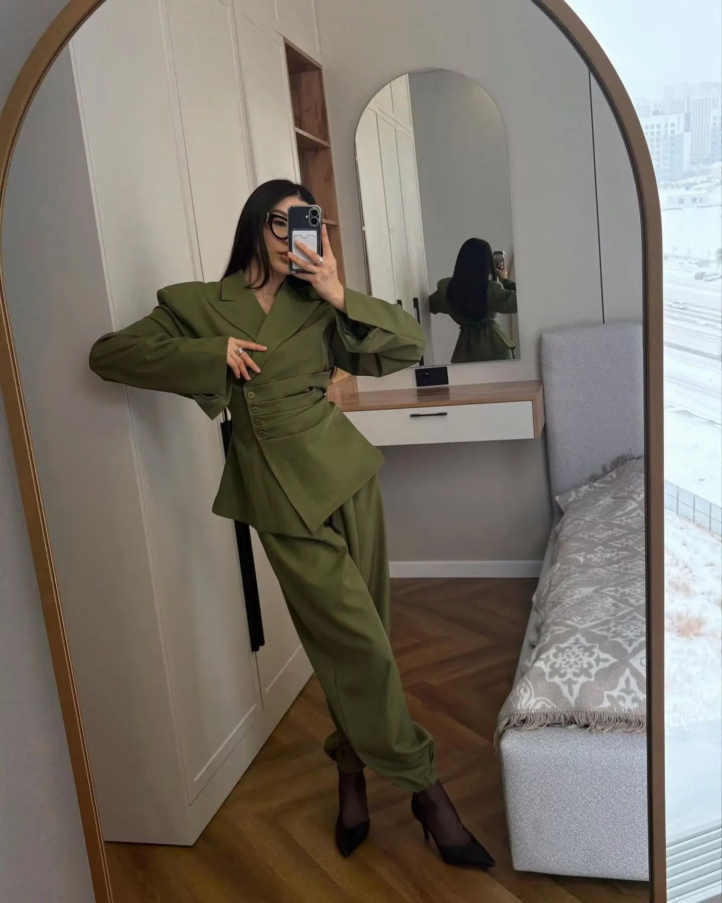 Suninheart Olive Green Asymmetric Blazer & Pants Set – Women's Ruched Waist Suit Two Piece Office Lady Autumn Fashion