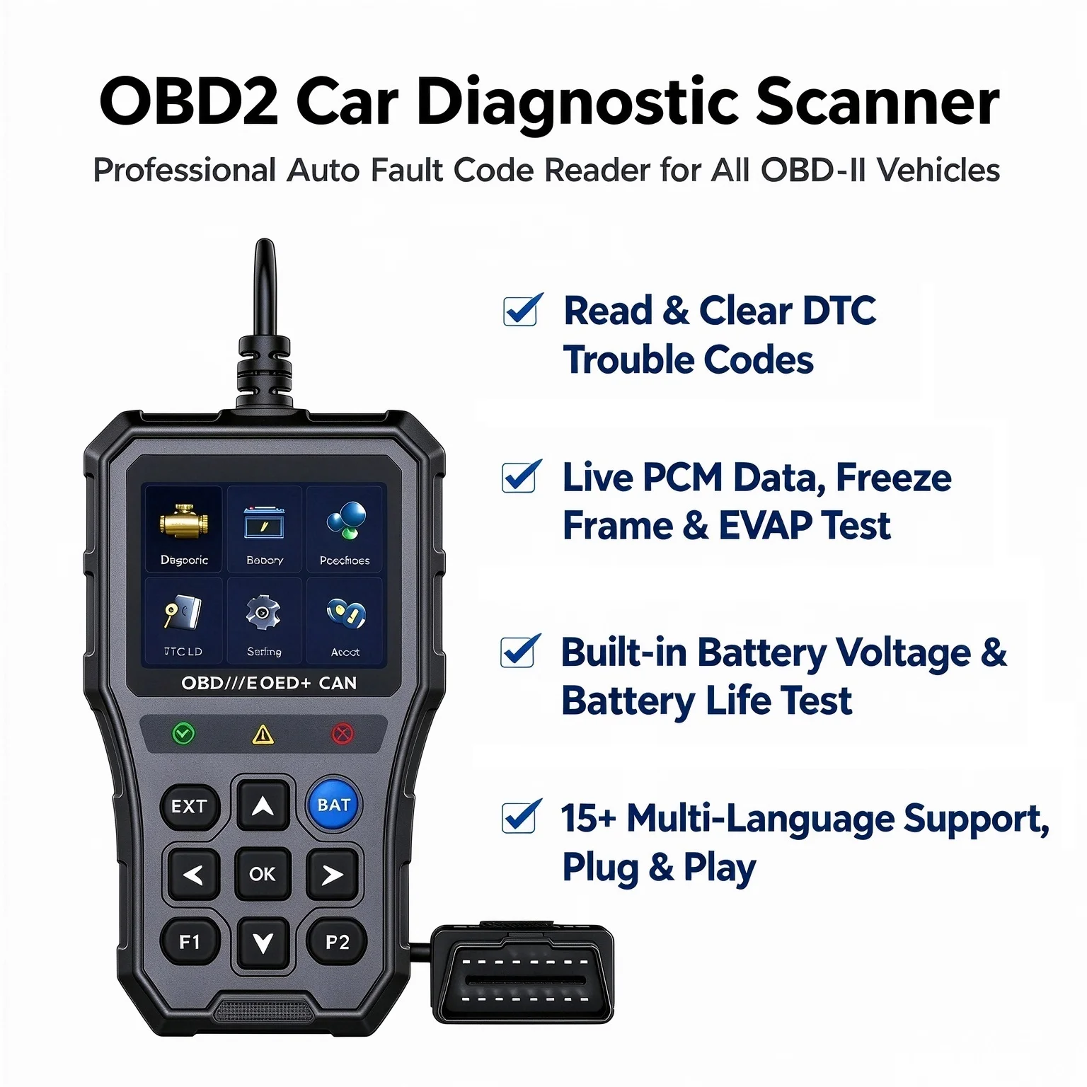 Automotive OBDII EOBD CAN Scan Tool for DIYers & Shade Tree Mechanics - View Live PCM Data O2 Sensor Test I/M Readiness