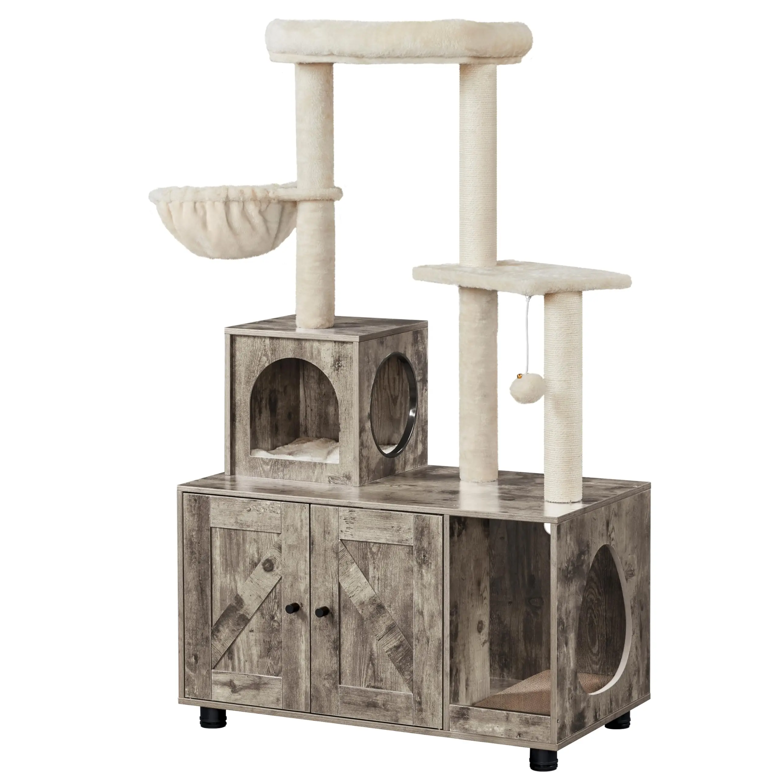 Litter Box Enclosure with Cat Tree, All-in-one Indoor Kitten House w/Scratching Posts, Wooden Cat Litter Box Furniture