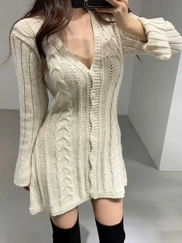 Jmprs Chic V Neck Sweater Dress Women Sexy Slim Long Sleeve Elegant Knitted Mini Dress Fashion Design Single Breasted Dress New