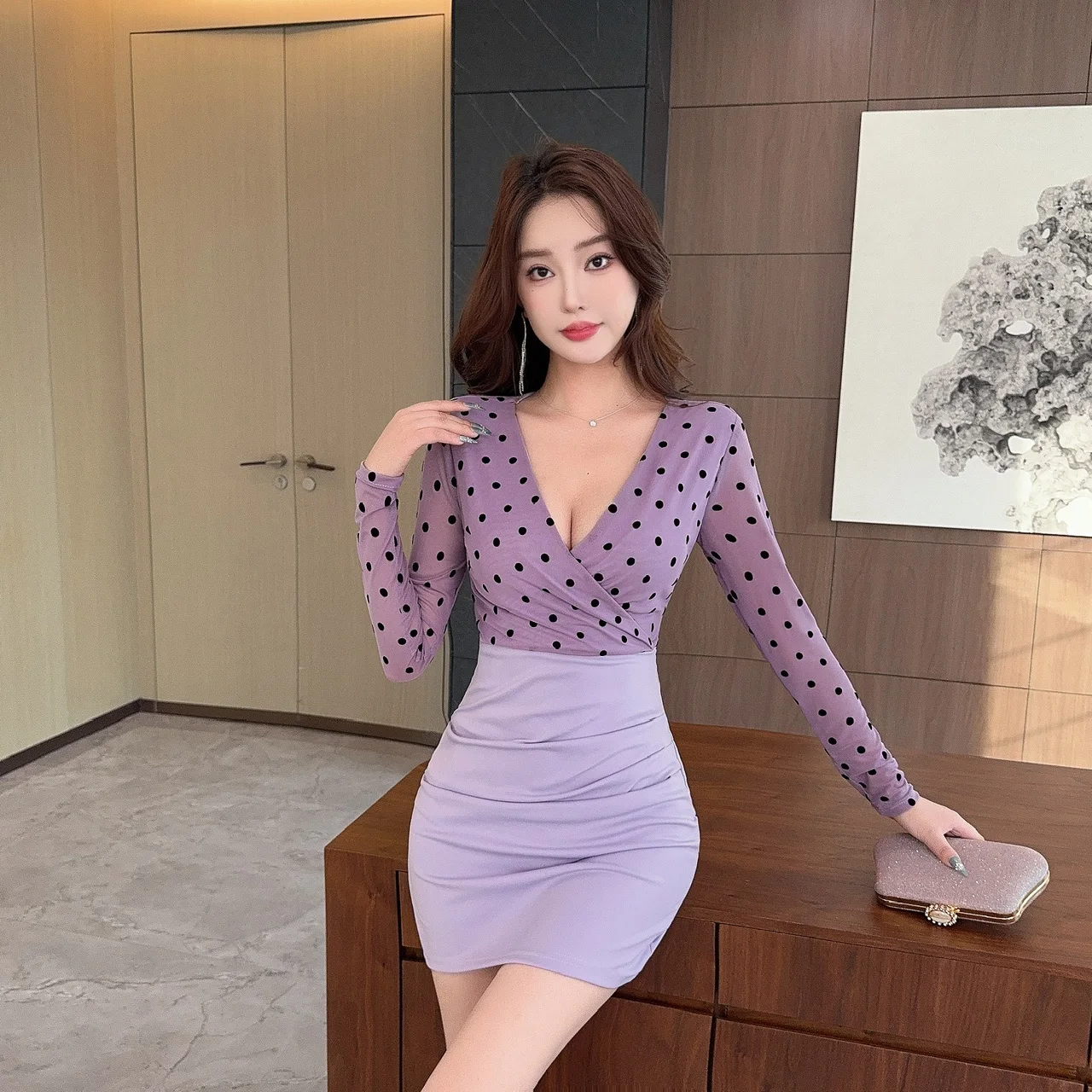 Ele ort Svel Bodycon Dr Korean Sle High Waist Me Print Long Sve Base Layer Dr Autumn Winter New Arrival