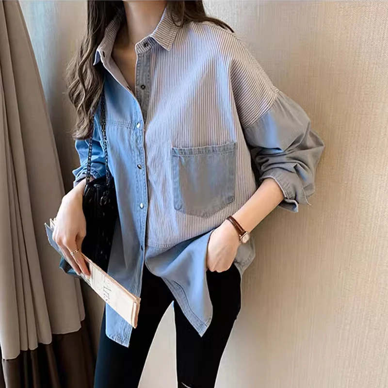 Women\'s Long Sleeve Denim Shirt, Loose Cotton Blouse, Turn Down Collar, Dark Blue Tops, Korean Fashion, Autumn, New, 7256