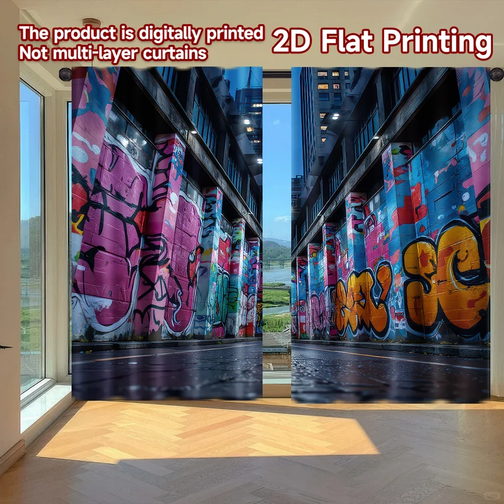 

2D flat printing 2pcs Window Curtains Colorful Graffiti Street Digital Printed Polyester Drapes Birthday Party for Festive