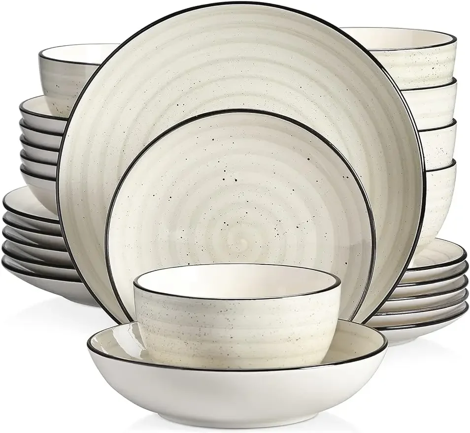 

vancasso Stoneware Dinnerware Sets 24 Pieces Bonbon Beige Dinner Set, Plates and Bowls Sets with Dinner Plates Pasta Bowls Soup