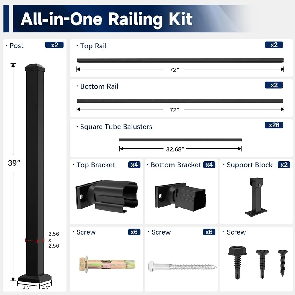 Aluminum Stair Railing Kit Weather Resistant Low Maintenance Deck Railing System Complete DIY Kit Easy Installation Outdoor