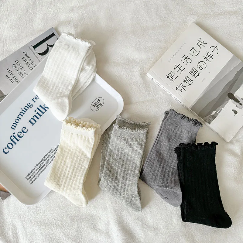 5 Pairs/Lot Women Hollow Mesh Tube Socks Ear Fungus Edge Socks Ins Trendy Spring Summer Loose Mouth Thin Style Girls Pile Socks image 4