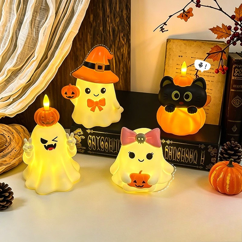 Halloween Ghost Pumpkin LED Night Light Flameless Flickering Electronic Candle Spooky Tabletop Ornament for Bar Home Party Decor
