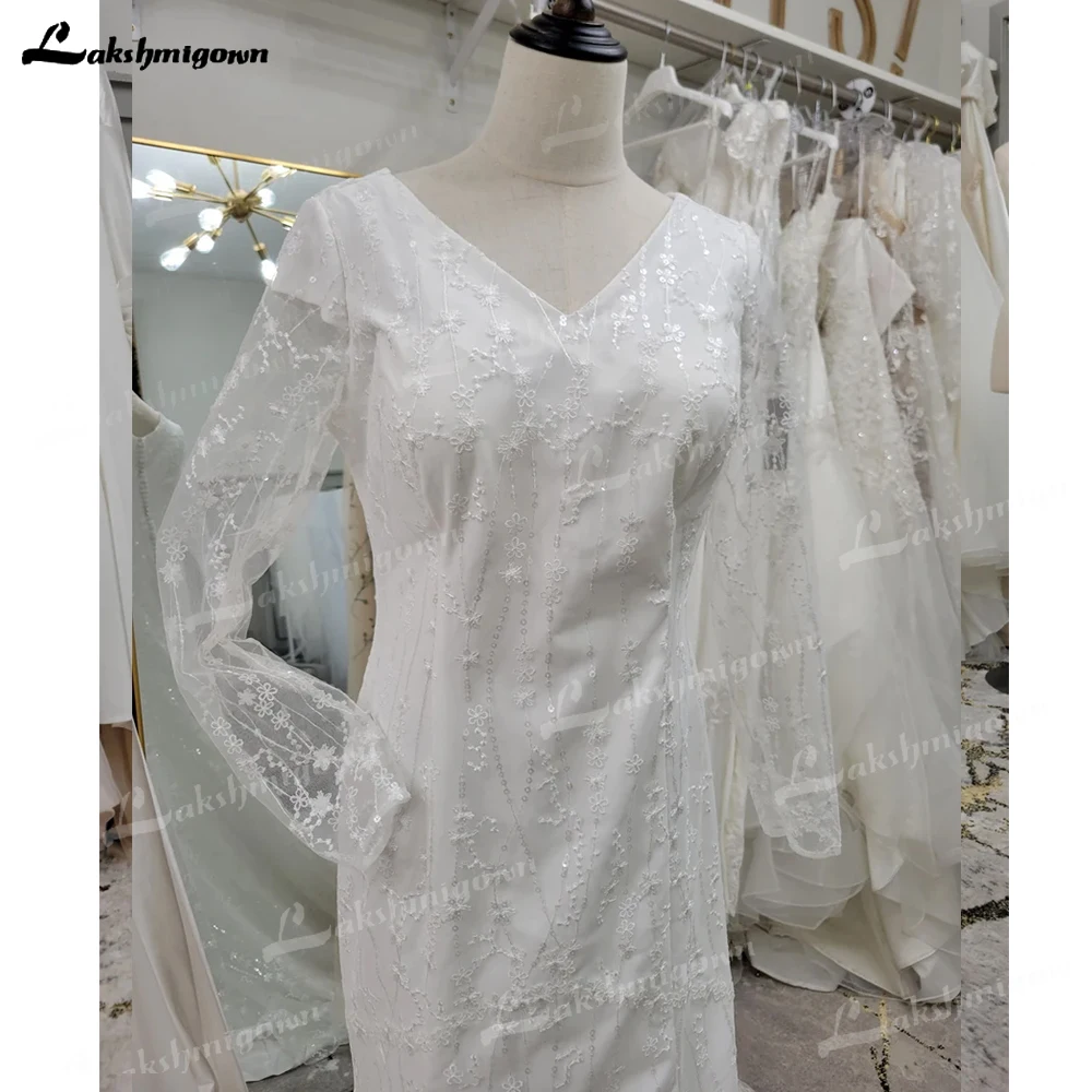 Vestido de novia bohemio clásico con cuello en V, manga larga de sirena, encaje, bata de novia de lujo, manga transparente