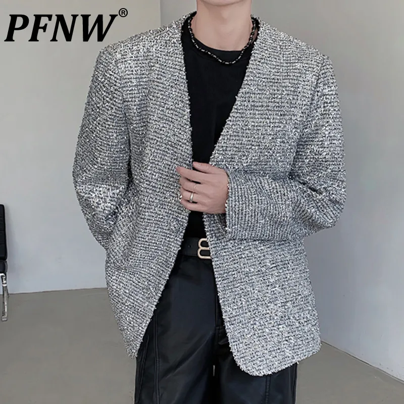 

PFNW Small Fragrant Korean Style Sparkling Coat Men's New Casual Versatile Collarless Patchwork Leather Tide Chic Blazer 12P1438