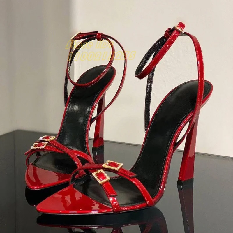 

Red Black Patent Leather Sandals Thin High Heel Sexy Pointy Toe Ankle Buckle Strap New Arrivals Real Picutre Handmade Shoes